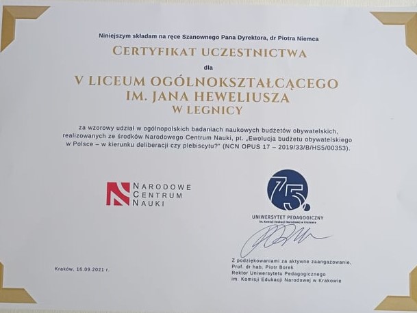 Certyfikat Narodowego Centrum Nauki