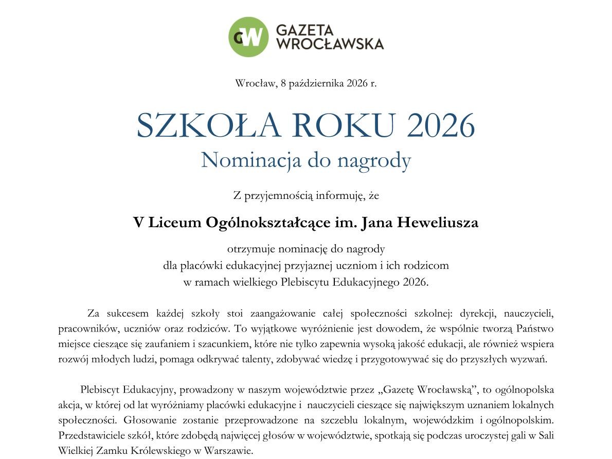 Nominacja dla szkoły - screen