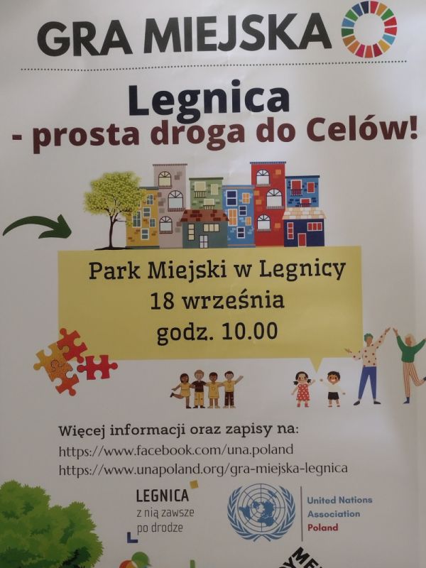 Plakat gry miejskiej mającej odbyć się w Parku w Legnicy o godzinie 18.00