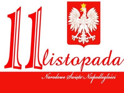 flaga polski z napisem "11 Listopada" i orłem na białym tle