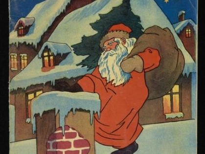 Bajkowy obrazek. Mikołaj wchodzi do komina