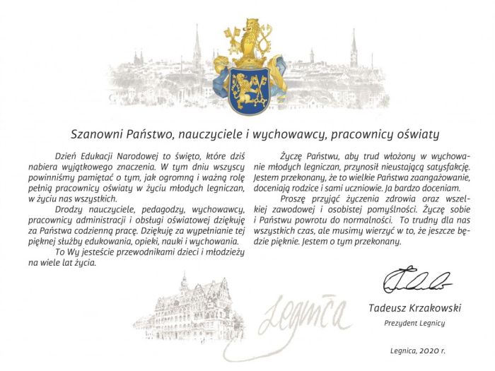 Życzenia od prezydenta Legnicy z okazji Dnia Edukacji Narodowej